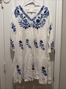 J. Marie Madeline White Mini Dress with Blue Floral Embroidery